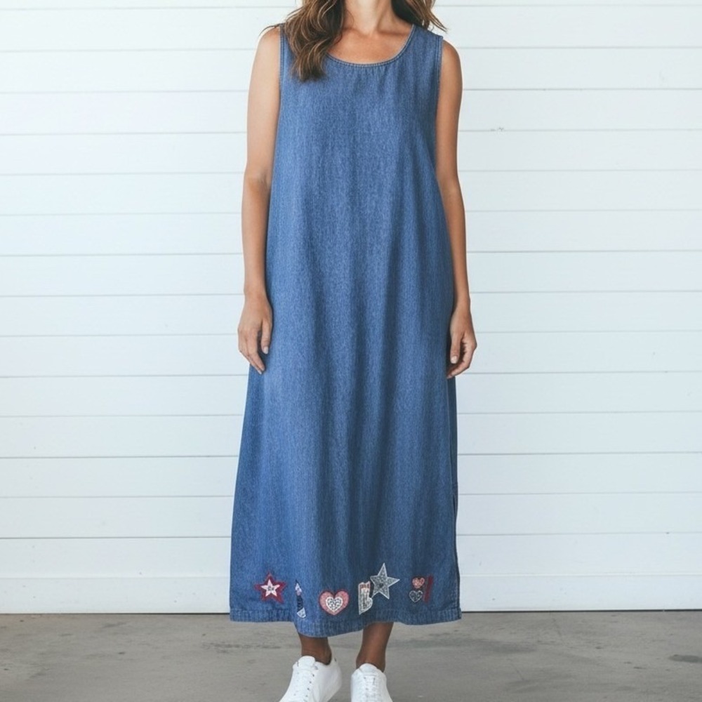 Cottagecore Vintage Denim Jumper Dress Blue Cotton Patchwork Size‎ XL